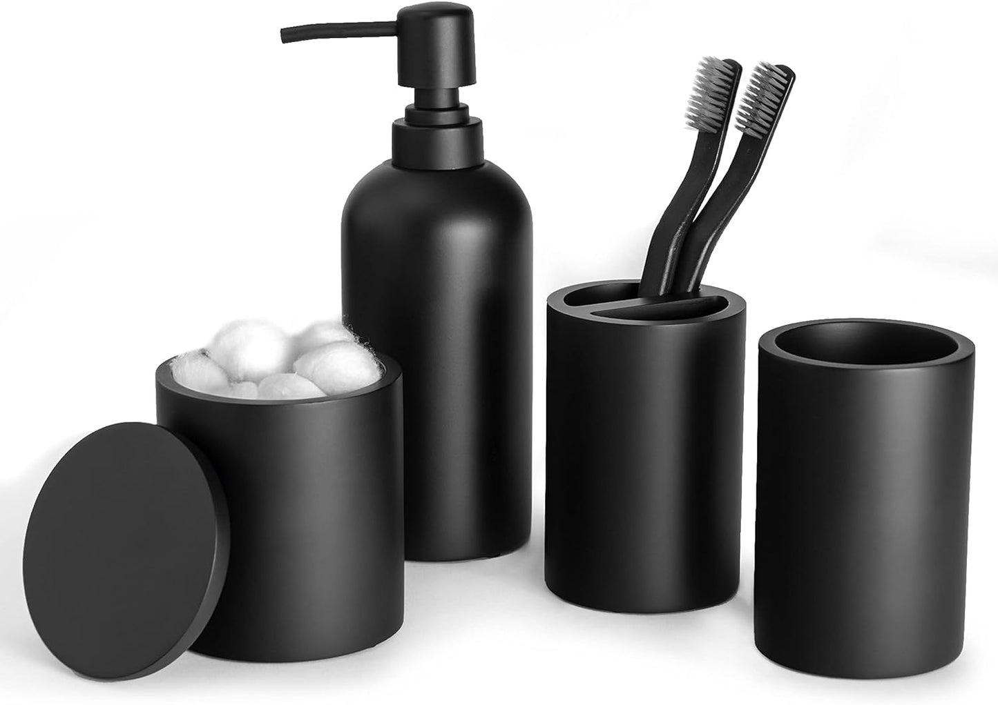 Matte Black Bathroom Accessories Set, 4 Pcs Organizer with Soap Dispenser, Qtip Holder, Tumbler, Toothbrush Holder – Accesorios Para Baño Moderno