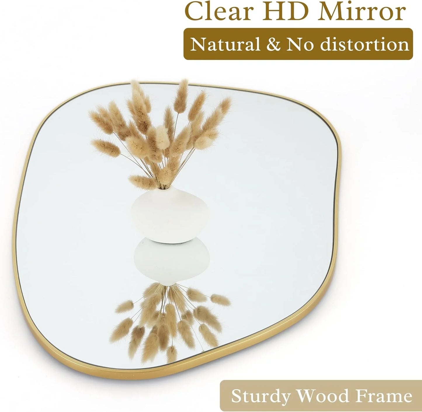 Irregular Wall Mirror Asymmetrical Mirror, 28''X20'' Golden Wood Framed Mirror for Bathroom Bedroom Living Room Entryway