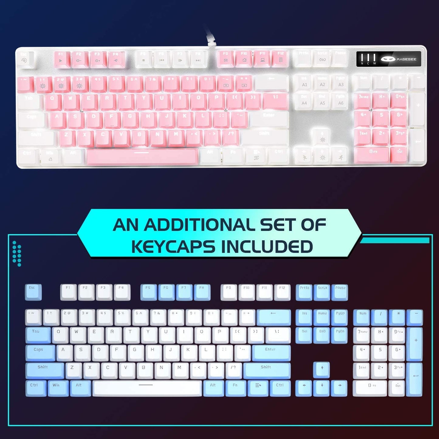 Mechanical Gaming Keyboard, New Upgraded Blue Switch 104 Keys White Backlit Keyboards, USB Wired Mechanical Computer Keyboard for Laptop, Desktop, PC Gamers(White & Pink)