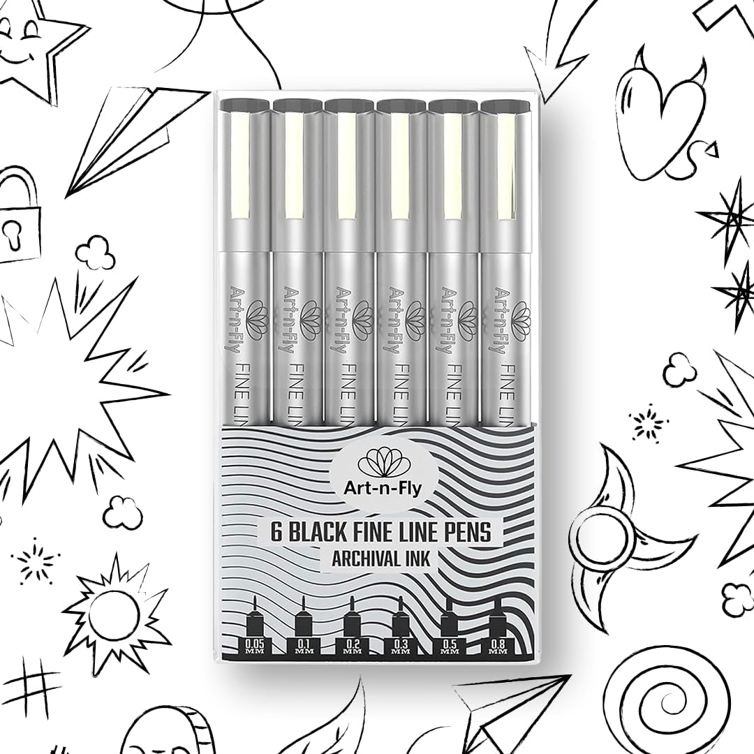 Black Fine Point Pens (Set of 6) | Drawing Fineliner Ink Pens with Japanese Archival Ink | Black Pens with Various Size Tip | No Bleed & Quick-Dry Fine Point Pen for Drawing & Sketching