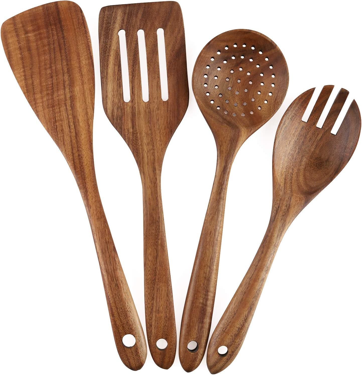 Wooden Cooking Utensils Set 4-Piece Wood Kitchen Utensil Set for Non Stick Cookware Wooden Spatula,Fork,Turner,Ladle,Strainer Spoons